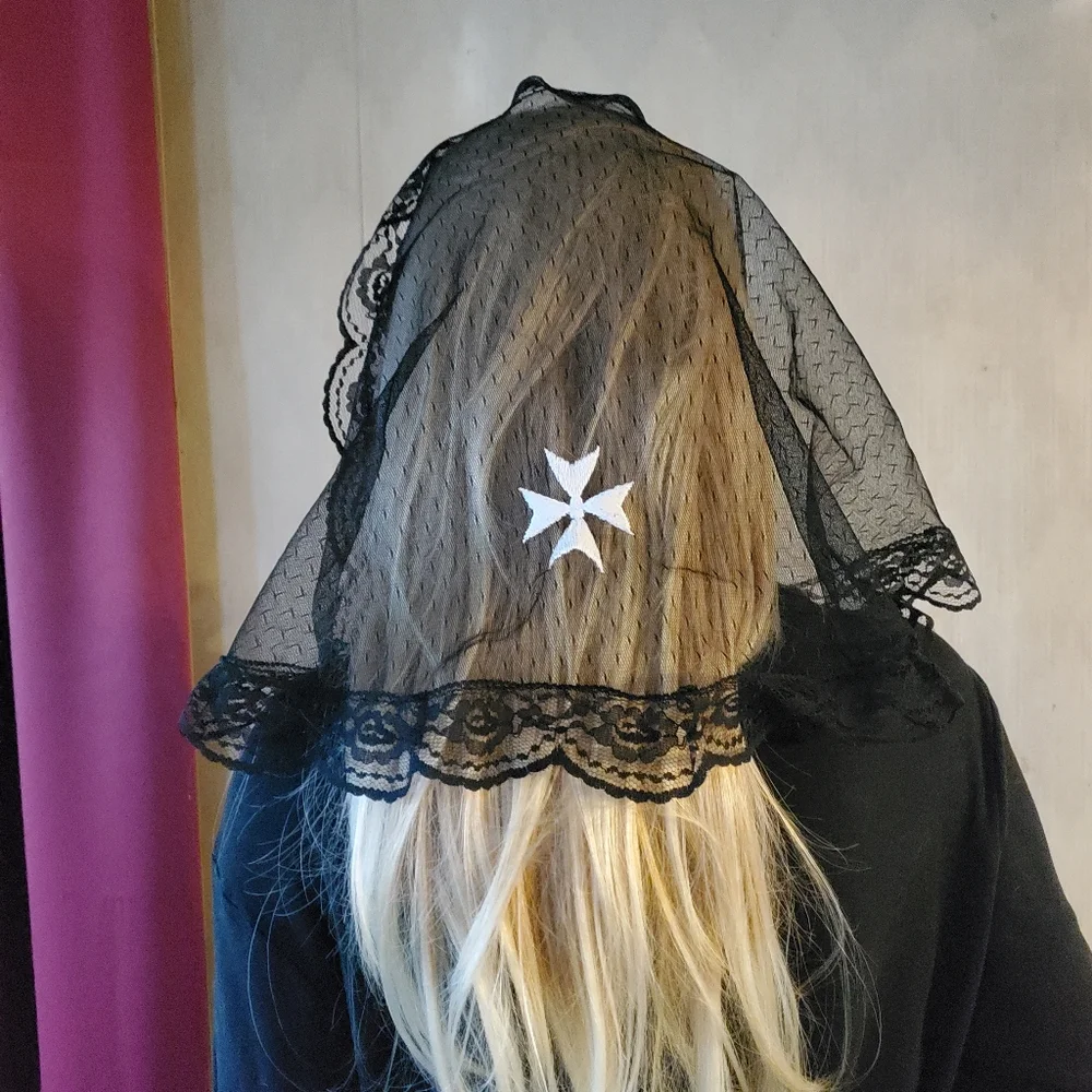 Maltese Cross Embroidered on Black Mantilla Chapel Veil D Shape Catholic Worship